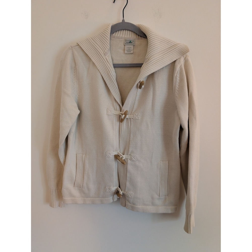 LL Bean Cream Cotton Toggle Shawl Collar Cardigan Sweater Large coastal cabin